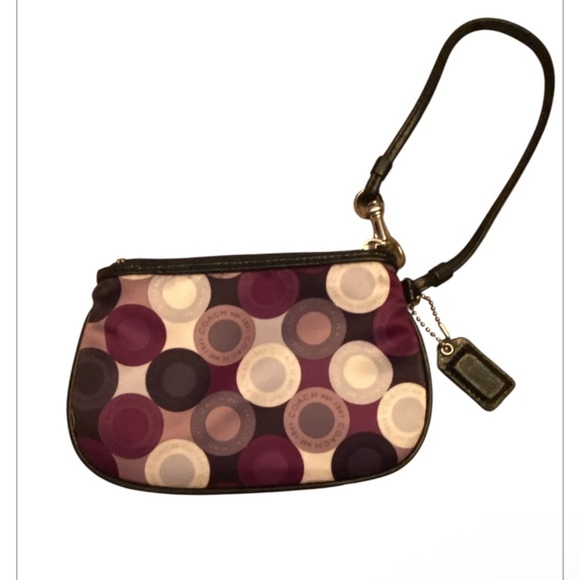 COACH Signature Circles Wristlet Satin Gray Berry with Leather Strap - Picture 3 of 6